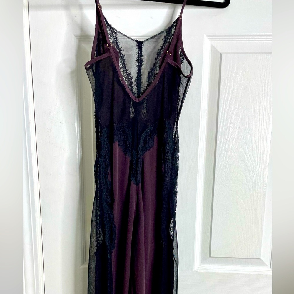 Deep burgundy/purple with black lace dress